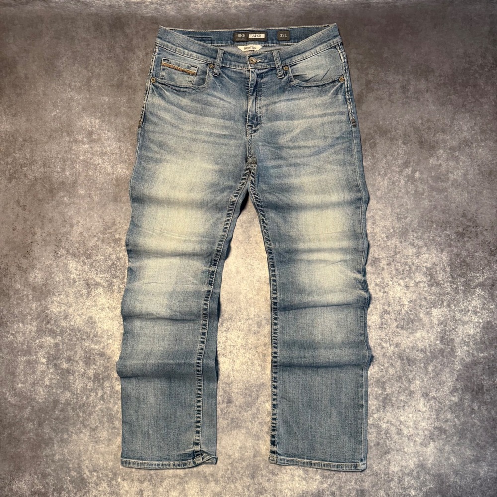 BKE Jake Bootleg Mens Jeans 33L Light Wash Blue Denim Bootcut Stretch Buckle